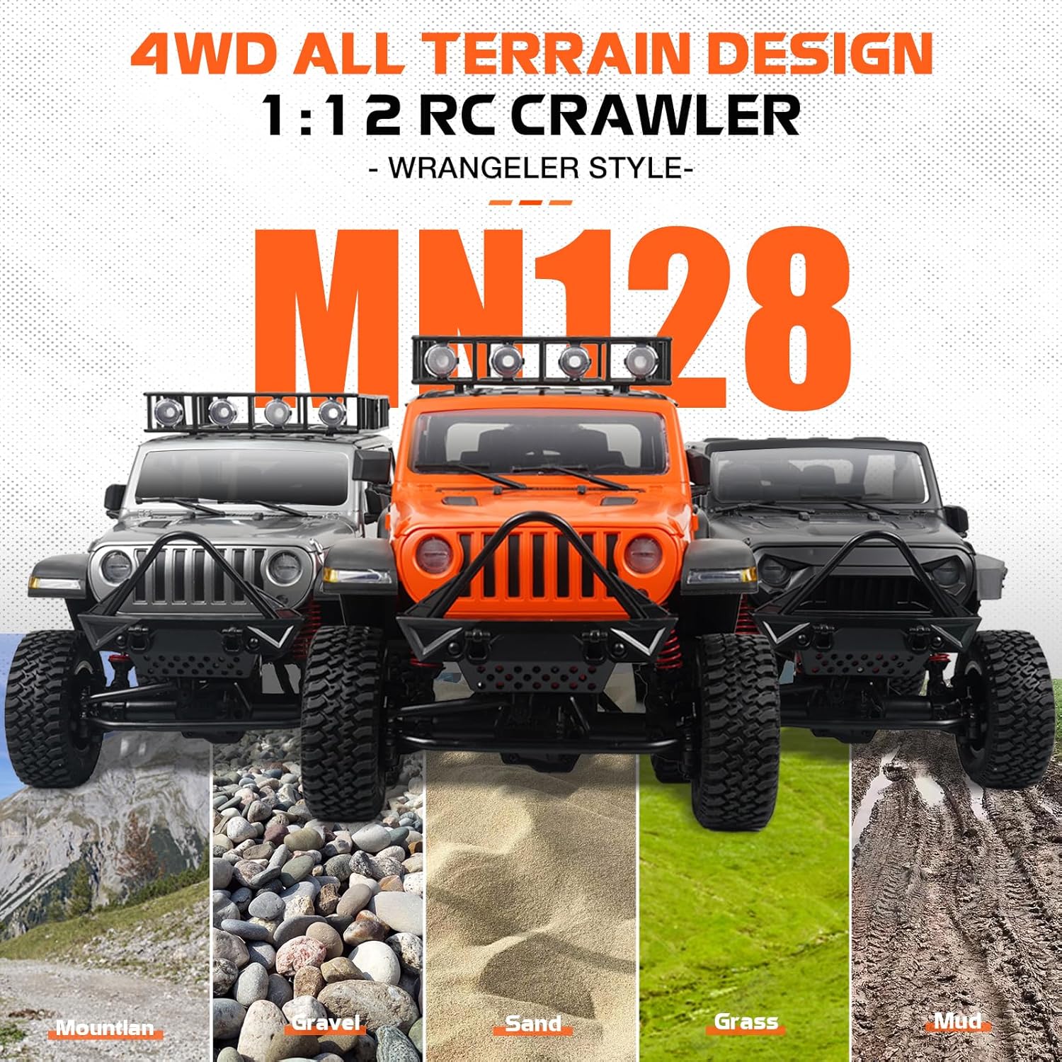 mn 128 rc rock crawler, 1:12 scale rc 4wd rc climbing car, all wheel drive off road rc jeep crawlers rtf, 2.4ghz rc rock crawler 4x4 all terrain car for adults 4