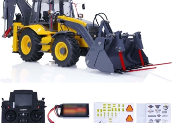 LESU 1/14 Wheeled Hydraulic RC Backhoe Excavator Loader Metal Aoue BL71 2 in 1 Construction Vehicle Painted Yellow Gray Hobby Grade Model for Adult