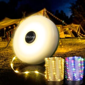 ogery camping string lights, 4 in 1 quick storage 32.8ft rechargeable tent lights string with 8 lighting modes, hanging waterproof portable led lamp for outdoor patio awning garden party essentials